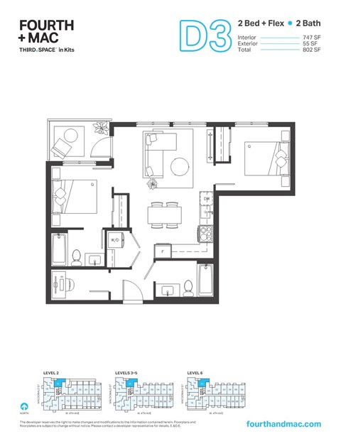 Floor plan for 2 beds, 2 baths, 747 sqft